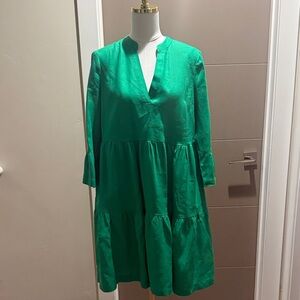 Boden Emerald Green Linen Tiered V-Neck Long Sleeve Dress